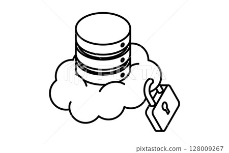 雲端等距線圖示中的安全資料伺服器，黑色和白色 128009267
