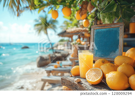 Summer drinks. Tropical beach. Retro style of lemonade stand with a handwritten sign. Summer drinks. Tropical beach. Retro style of lemonade stand with a handwritten sign. 128009294