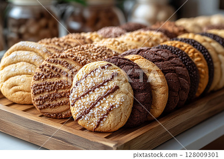 Variety of bakes, cookies and biscotti in on a wooden trading tray in cafe. Variety of bakes, cookies and biscotti in on a wooden trading tray in cafe. 128009301