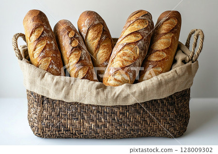 Baking marketing. Baked French baguette in a wicker basket on a white background. Baking marketing. Baked French baguette in a wicker basket on a white background. 128009302