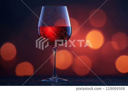 Celebration aesthetic. Elegant Wine Glass filled with red wine. Mockup for wine industry branding. 128009308