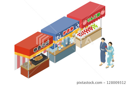 Isometric illustration: Festival stall and couple wearing yukata 128009312