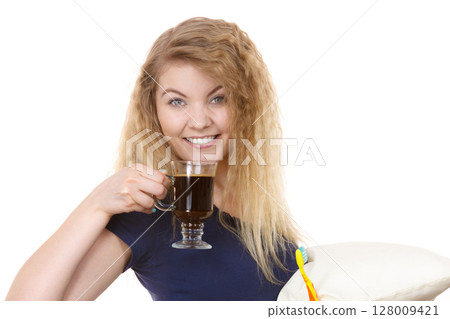 Funny woman being late drinking coffee 128009421