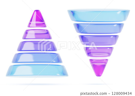 Glass inverted cone and pyramid 3d render icon set. Gradient blue pink sales funnel, five level infographic chart, conversion rate, digital marketing, business awareness technology. 3D illustration Glass inverted cone and pyramid 3d render icon set. Gradient blue pink sales funnel, five level infographic chart, conversion rate, digital marketing, business awareness technology. 3D illustration 128009434