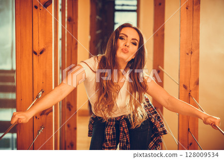 Happy cute pretty young woman girl blowing kiss. Happy cute pretty young woman girl blowing kiss. 128009534