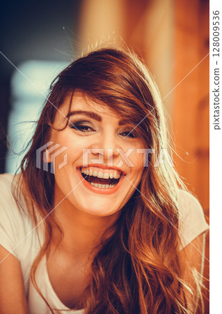 Portrait of happy cute pretty young woman girl. Portrait of happy cute pretty young woman girl. 128009536