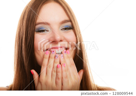 Lovely woman smiling showing nails design 128009544