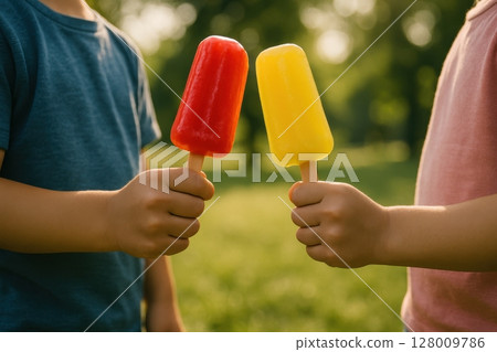 Children hands holding bright red and yellow popsicles outdoors in summer sunlight 128009786