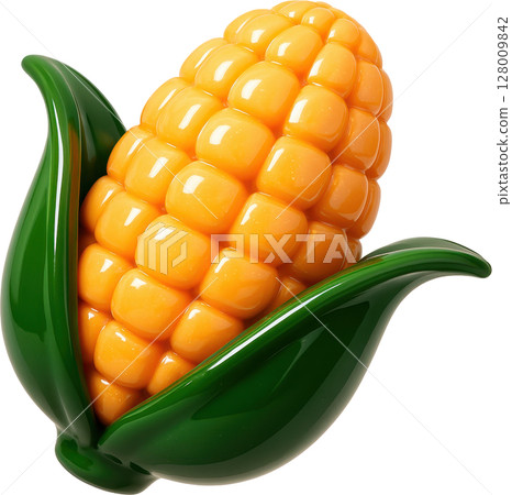 Vibrant glossy corn cob with golden kernels and green husks 128009842