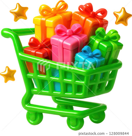 Vibrant green shopping cart full of colorful gift boxes and stars Vibrant green shopping cart full of colorful gift boxes and stars 128009844