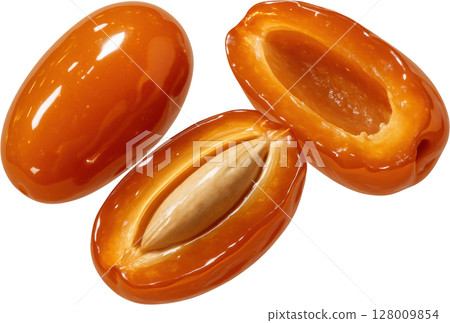 Sweet amber dates, whole and halved with exposed seed Sweet amber dates, whole and halved with exposed seed 128009854
