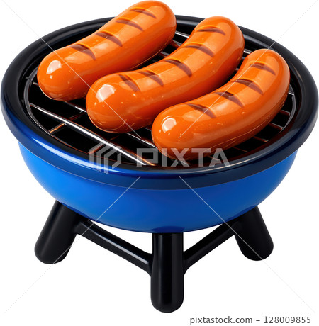 Three delicious grilled sausages on a miniature blue barbecue grill 128009855