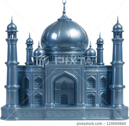 Ornate silver mosque building with dome and minarets 128009860