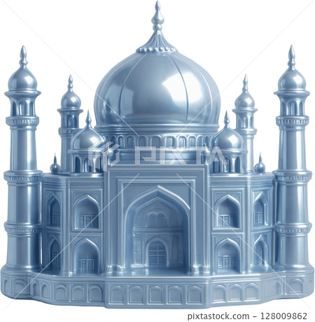 Gleaming silver monument featuring intricate domes and towers 128009862