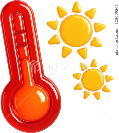 Red thermometer and yellow suns indicating hot weather Red thermometer and yellow suns indicating hot weather 128009868