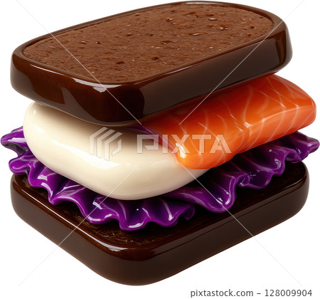 Artistic glossy gourmet sandwich with salmon mozzarella and purple cabbage Artistic glossy gourmet sandwich with salmon mozzarella and purple cabbage 128009904