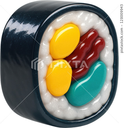 Stylized glossy 3D sushi roll with vibrant candy like fillings Stylized glossy 3D sushi roll with vibrant candy like fillings 128009943