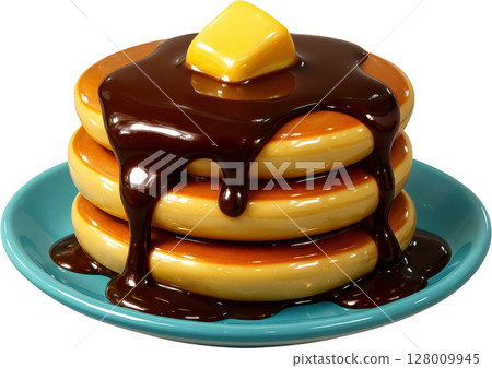Stacked golden pancakes with decadent chocolate syrup and butter pat Stacked golden pancakes with decadent chocolate syrup and butter pat 128009945