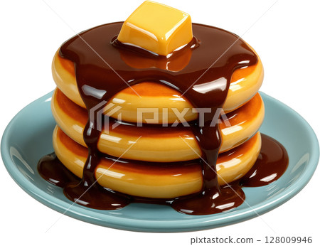 Golden pancakes stacked with rich chocolate syrup and melting butter Golden pancakes stacked with rich chocolate syrup and melting butter 128009946