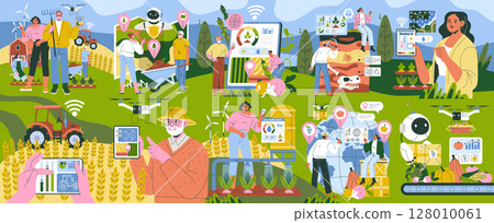 Vector illustration showcasing advanced farming technologies, including drones, AI, and data analytics. People engage with devices for monitoring crops and optimizing agriculture. 128010061