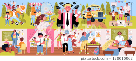 Colorful vector illustration depicting various school activities and celebrations. Scenes include sports, graduation, classroom learning, and outdoor fun, highlighting joy and collaboration. 128010062