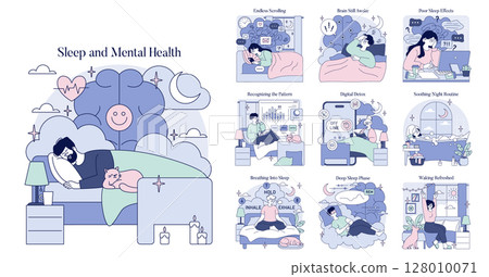 Vector illustration series exploring the connection between sleep and mental health, highlighting habits like digital detox, soothing routines, and recognizing sleep patterns for better well-being. 128010071
