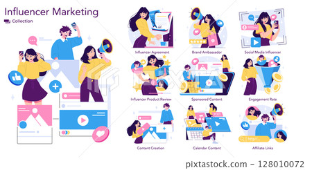 Influencer marketing vector illustration showing different aspects of social media promotion, including content creation, brand ambassador roles, product reviews, and engagement metrics. Influencer marketing vector illustration showing different aspects of social media promotion, including content creation, brand ambassador roles, product reviews, and engagement metrics. 128010072