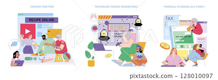 Group cooking with online recipes, cross-generational gaming, and family financial planning depicted in a seamless vector illustration highlighting daily life activities. Group cooking with online recipes, cross-generational gaming, and family financial planning depicted in a seamless vector illustration highlighting daily life activities. 128010097