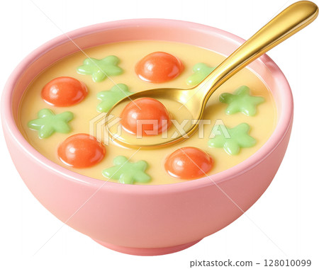 Pastel pink bowl of creamy yellow dessert with colorful candies and golden spoon 128010099