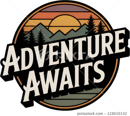 Vintage adventure awaits badge with mountains and sunset 128010132