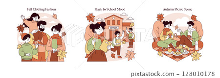 Vector illustration of autumn scenes featuring fashion, school time, and picnics. A family enjoys fall clothing, kids head to school, and friends have a cozy outdoor picnic surrounded by autumn leaves 128010178