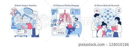 Vector illustration set showcasing AI in medical and scientific fields. Includes robotic surgery technology, AI-enhanced medical imaging, and AI-driven molecule research. Perfect for educational and Vector illustration set showcasing AI in medical and scientific fields. Includes robotic surgery technology, AI-enhanced medical imaging, and AI-driven molecule research. Perfect for educational and 128010186