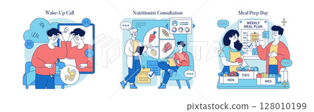 Vector illustration showcasing three scenes: a morning wake-up routine with an alarm, a nutritionist consultation, and meal preparation day with a focus on healthy meal planning. 128010199