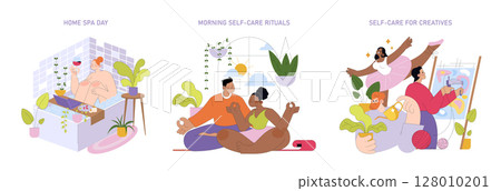 Vector illustrations depict a home spa day, morning self-care rituals, and self-care for creatives. Emphasizes relaxation, mindfulness, and creativity with serene expressions and calming activities. Vector illustrations depict a home spa day, morning self-care rituals, and self-care for creatives. Emphasizes relaxation, mindfulness, and creativity with serene expressions and calming activities. 128010201