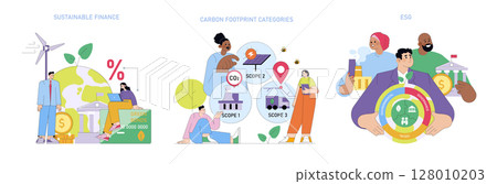 Vector illustration depicting concepts of sustainable finance, carbon footprint categories, and ESG principles. People interact with symbols of renewable energy and environmental impact. 128010203