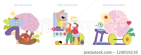 Vector illustration depicting mind-body practices with diverse individuals engaging in yoga and virtual fitness classes. The image highlights brain fitness integration and health. Vector illustration depicting mind-body practices with diverse individuals engaging in yoga and virtual fitness classes. The image highlights brain fitness integration and health. 128010210