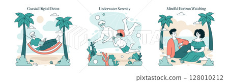 Three-part vector illustration showing diverse relaxation activities: reading in a hammock by the beach, swimming underwater amidst coral, and a couple enjoying a serene sunset by the shore. Three-part vector illustration showing diverse relaxation activities: reading in a hammock by the beach, swimming underwater amidst coral, and a couple enjoying a serene sunset by the shore. 128010212