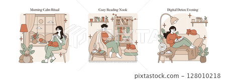 Vector illustration set featuring three scenes of relaxing home activities. A person enjoying tea with a cat, reading in a cozy nook, and unwinding on a sofa for a digital detox. 128010218