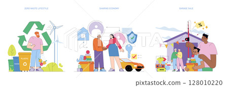 Vector illustration depicting three concepts: zero waste lifestyle with recycling bins, sharing economy with two people shaking hands near a car, and a garage sale with people exchanging goods under a Vector illustration depicting three concepts: zero waste lifestyle with recycling bins, sharing economy with two people shaking hands near a car, and a garage sale with people exchanging goods under a 128010220