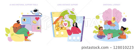 Vector illustration depicting AI tools offering emotional support, long-distance communication, and emotional literacy in a digital context with expressive interactions. 128010223
