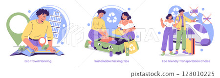 Vector illustration of eco-conscious travel planning with sustainable packing methods and a focus on eco-friendly transportation options, highlighting green and sustainable habits. Vector illustration of eco-conscious travel planning with sustainable packing methods and a focus on eco-friendly transportation options, highlighting green and sustainable habits. 128010225