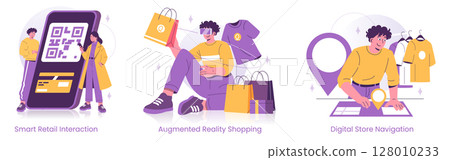 Vector illustration showcasing three scenarios in modern retail: scanning QR codes for smart shopping, using augmented reality for enhanced product selection, and digital store navigation. Vector illustration showcasing three scenarios in modern retail: scanning QR codes for smart shopping, using augmented reality for enhanced product selection, and digital store navigation. 128010233