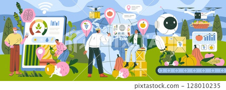 Vector illustration depicting smart farming with modern technology. Features individuals analyzing data on screens, a robot assisting with agriculture, and drones transporting produce. Vector illustration depicting smart farming with modern technology. Features individuals analyzing data on screens, a robot assisting with agriculture, and drones transporting produce. 128010235
