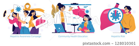 Vector illustration depicting a hepatitis awareness campaign. Individuals engage in educating the community about liver health and hepatitis risks. Emphasizes health promotion and education. 128010301