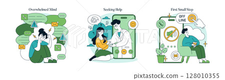 Vector illustration depicting overwhelmed individuals amid digital notifications, seeking help through online consultation, and taking the first steps to disconnect and relax. 128010355
