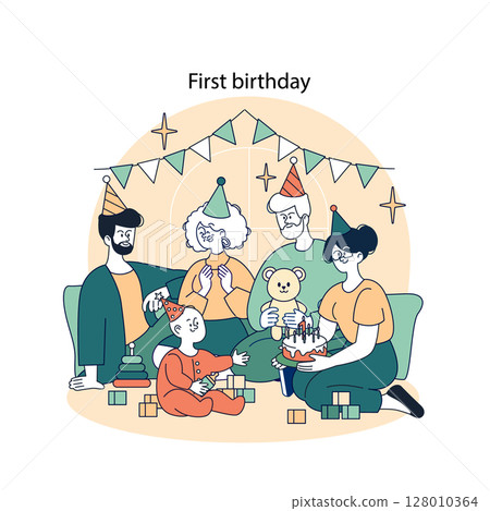 Celebrating a child's first birthday with family. The scene features joyful parents and grandparents sharing moments while enjoying cake and gifts, creating lasting memories. Vector illustration. 128010364