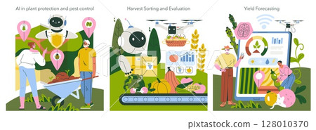 Vector illustration of AI in agriculture showing pest control, harvest sorting with drones, and yield forecasting. Depicts robots analyzing crops for efficient farming solutions. 128010370