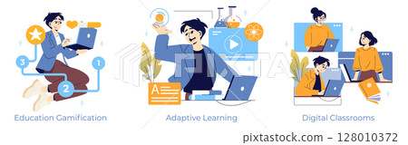 Vector illustration depicting adaptive learning, education gamification, and digital classrooms. Characters interact with laptops, demonstrating modern educational practices and technology. Vector illustration depicting adaptive learning, education gamification, and digital classrooms. Characters interact with laptops, demonstrating modern educational practices and technology. 128010372