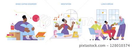 Vector illustration of three scenes: a person facing binge eating disorder, another practicing meditation with music, and a group enjoying a social lunch break together. 128010374