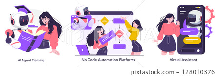 Vector illustration depicting AI training, automation, and virtual assistants. A robot and a woman collaborate on AI tasks, highlighting technology integration in modern workflows. 128010376